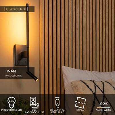 Lucide FINAN - Wandleuchte - LED - 2700K - Mit USB-Ladepunkt - Schwarz